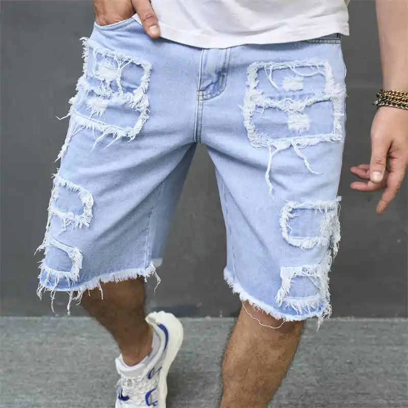 Denim Hole Knee Length Men Washed Jean Mid Waist Spliced Ripped Pockets Loose Fit Distressed Straight Pants 2024 Casual