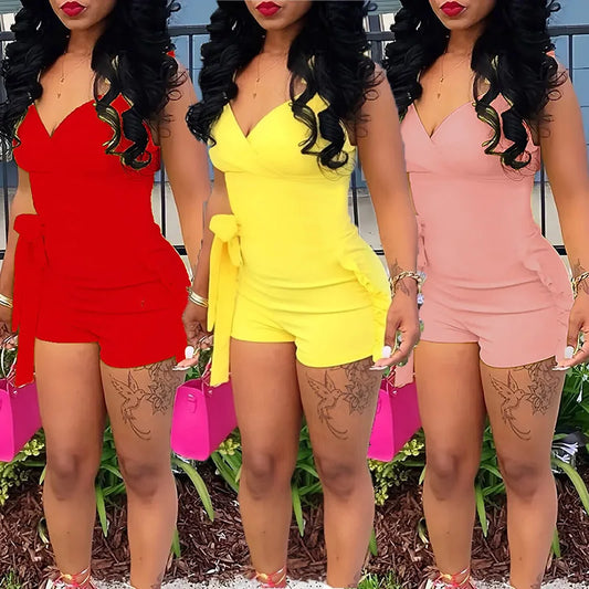 Ruffle Deep V Neck Summer Romper Sexy Bow Tie Short Jumpsuit Women Sleeveless Casual Playsuit Overalls Rompers
