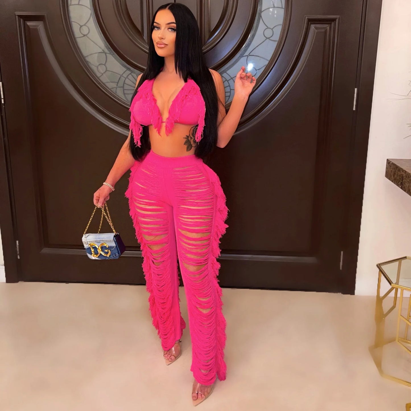 Summer Tassel Club Pants Outfits Set Sexy Women Backless Two Pieces Party Matching Set Top+Hollow Out Pants