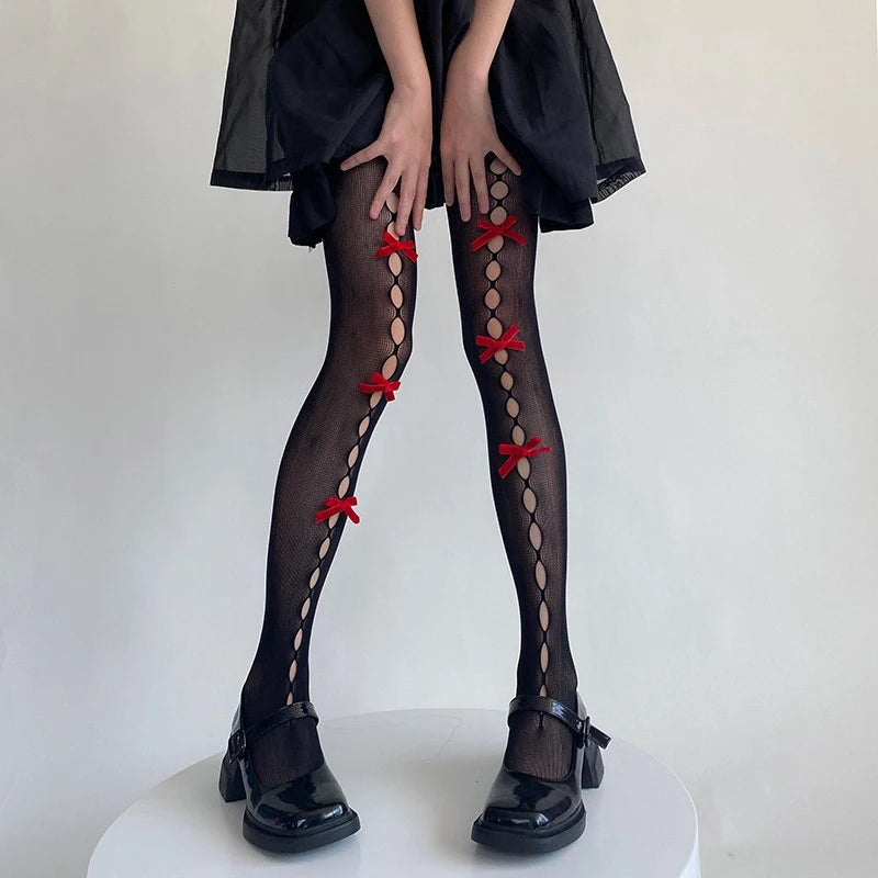 Sexy Lace Bow Patchwork Stockings Women Bodycon Elastic See Through Slim Pantyhose Party Club Sexy Y2K Hollow Out Tights Ladies