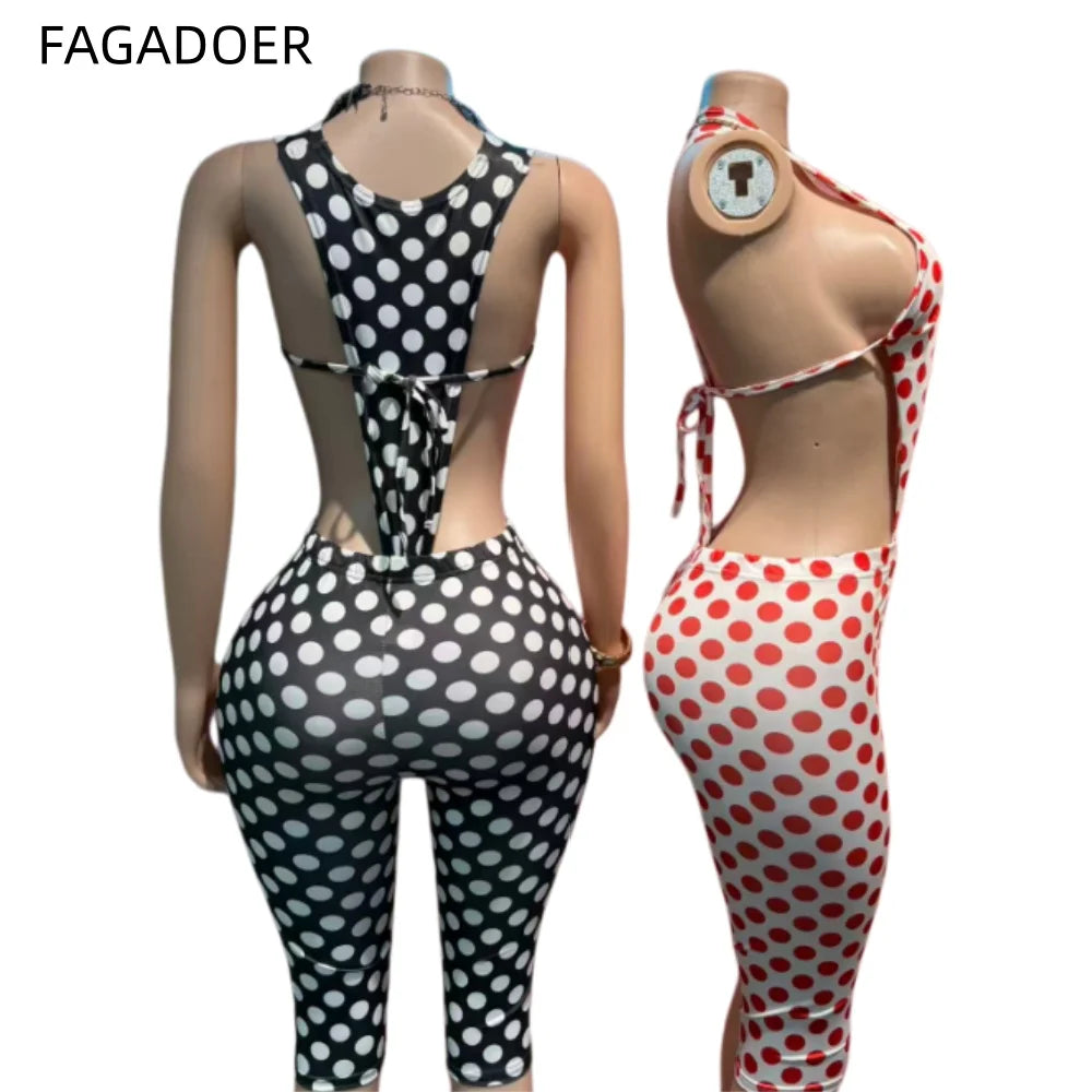 FAGADOER Retro Polka Dot Printing Deep V Two Pieces Sets Sexy Off Shoulder Bandage Bodysuits Top and Bodycon Shorts Outfits New