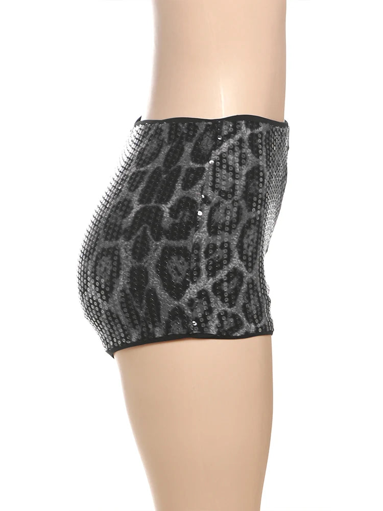 Weird Puss Leopard Print Mini Shorts Women Sequins Patchwork Wild Skinny Stretch Streetwear Autumn Midnight Sexy Trend Buttoms