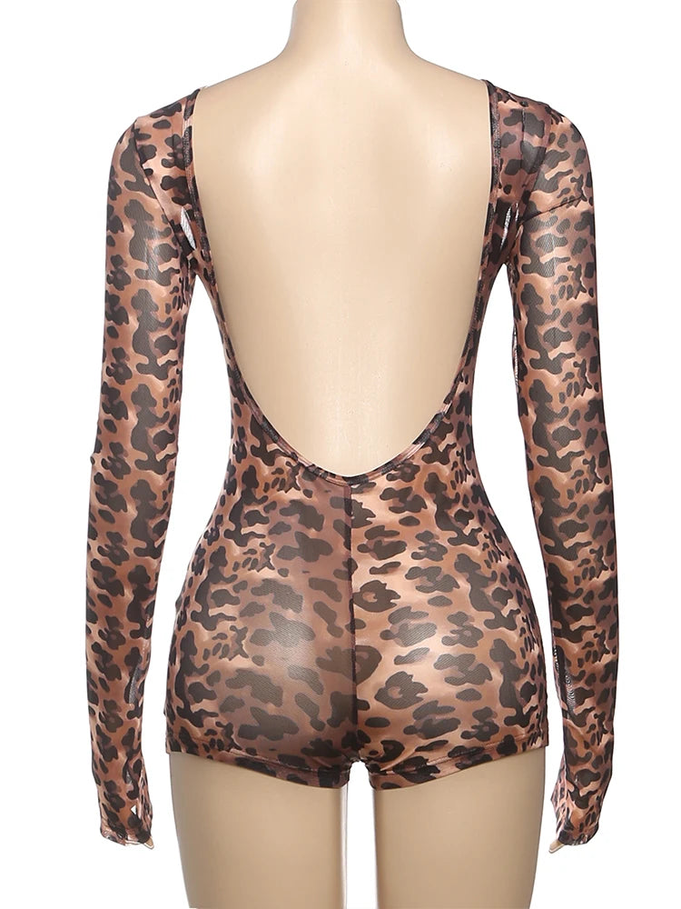 Leopard Backless Full Sleeve Romper — Women's Clubwear