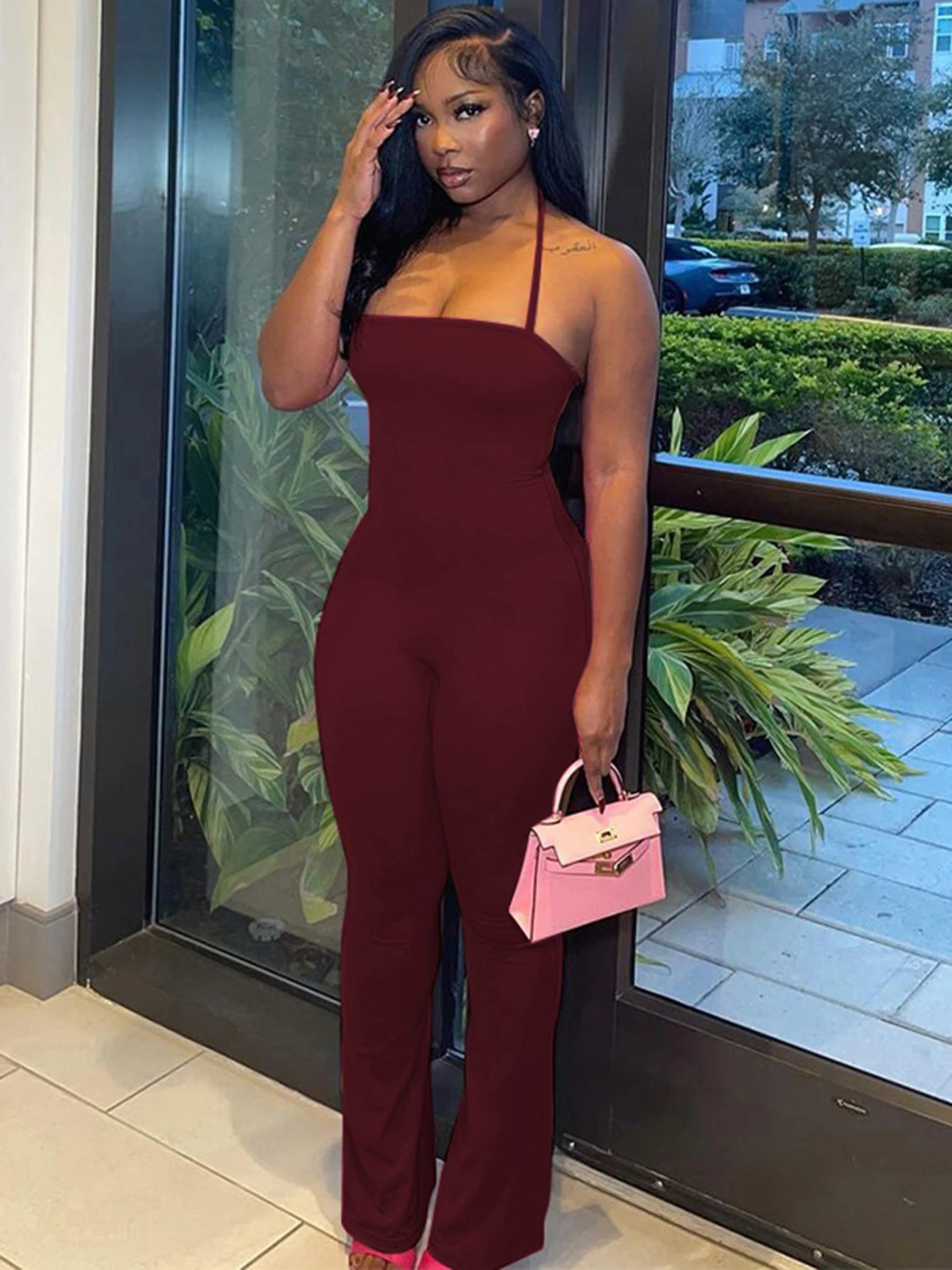 Hugcitar 2025 Spring Halter Solid Sleeveless Backless Sexy Bodycon Flare Pants Jumpsuit Women Casual Rompers Streetwear Festival
