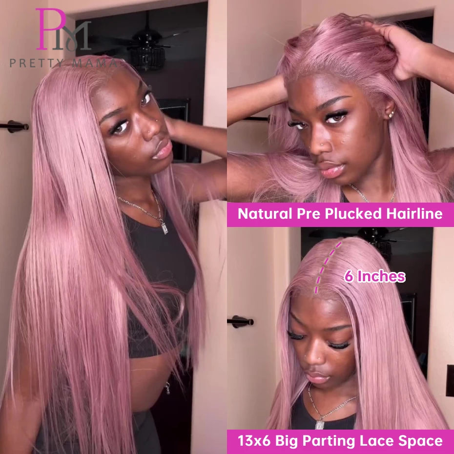 13x6 Ash Purple Pink Human Hair Wig 250 Density Lace Frontal Wig Bone Straight Lace Front Wig Human Hair Rose Gold Colored Wigs
