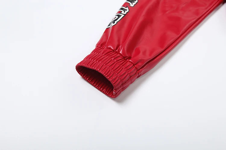 Weird Puss PU Patchwork Crop Jacket Woman Uniform Letter Print Full Sleeve Single-Breasted Cardigan Skinny Single-Button Coat