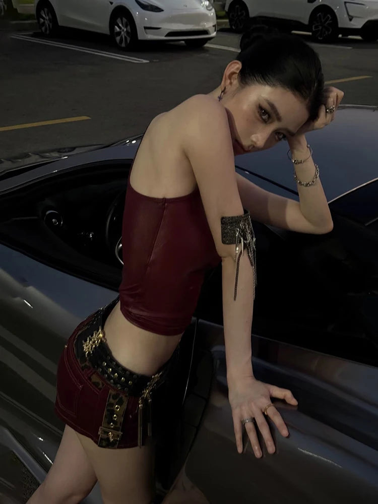 Weird Puss Faux Leather Camisole Tops Women Y2K Coquette Square Collar Skinny Midnight Street Club Trend Hottie Wild Basic Vest