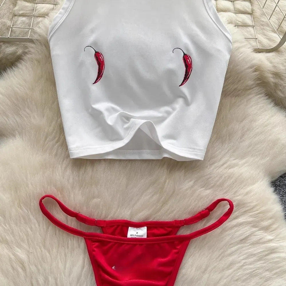 Foamlina Seaside Beach Suit Women's Swimsuit Two-piece Set Pure Desire Sleeveless Printed T-Shirt Vest Bikini Triangle Shorts