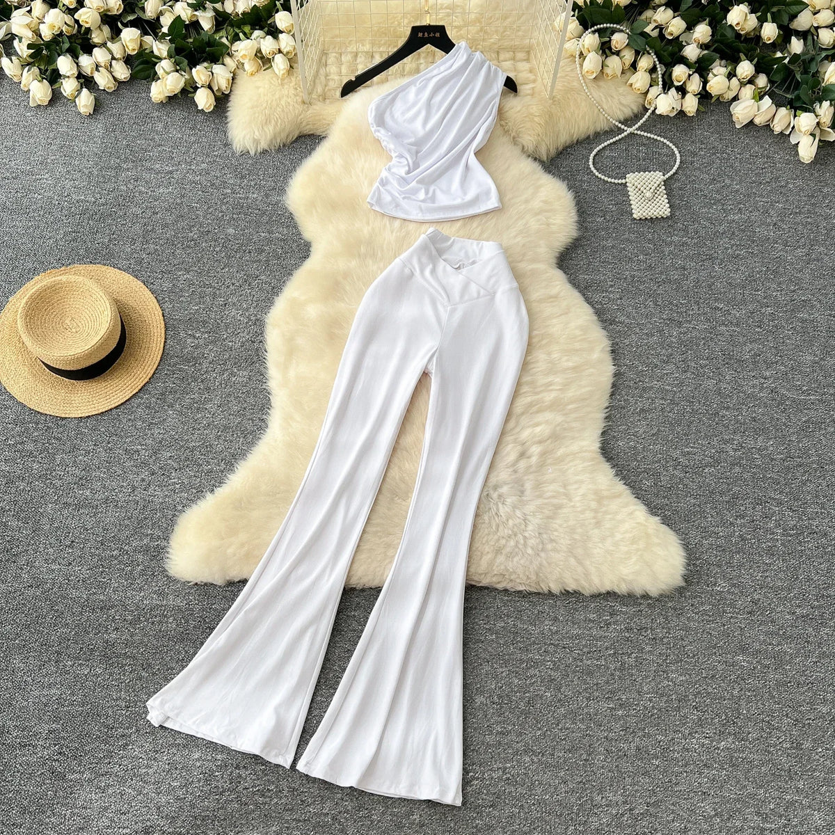 Chic Women Two-Piece Sets Vintage Diagonal Collar Sleeveless Pleated Top and High Waist Flare Pants Korean High Street Clothing
