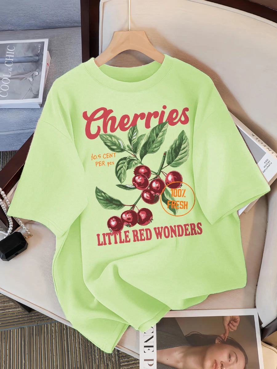 Cherries 100% Fresh Little Red Wonders Design Women T-Shirt Casual Loose T Shirts Hip Hop Cotton Sportswear Summer Soft Top