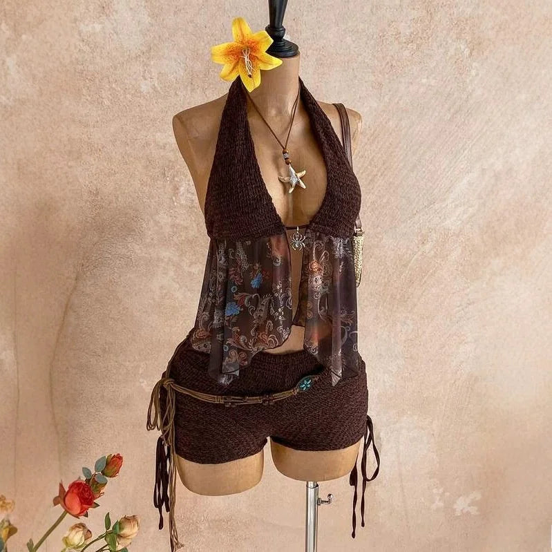 Retro Ethnic Style Knitted Floral Chiffon Top Drawstring Shorts Set Deep Brown off Shoulder Two Piece Set Streetwear Trend