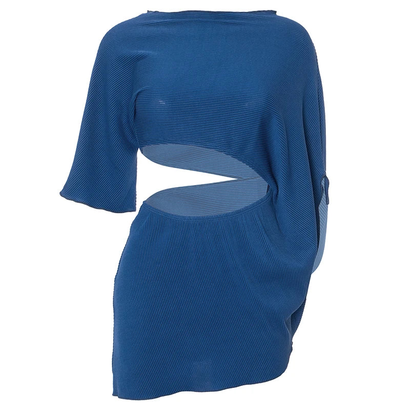 Weird Puss Ribbed Hollow Dress Women Chic Irregular Inclined Shoulder Hipster Stretch Solid Hipster Autumn Mini Bodycon Clubwear