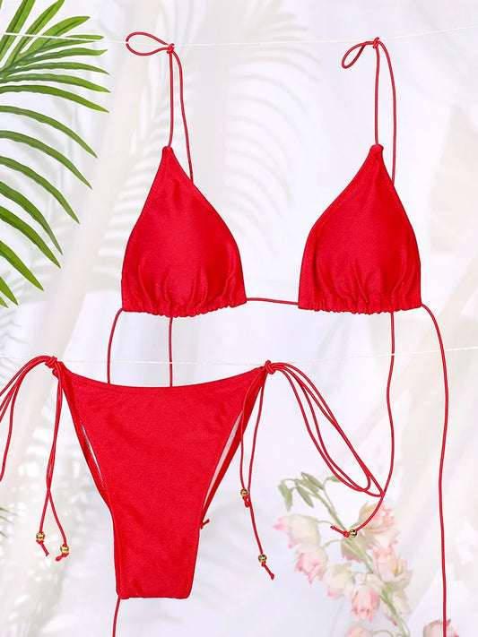 Sexy Bikini Set Triangle Swimwear For Women Micro Bathing Suit Pleated Red Swimsuit Females Bikinis Thong Biquinis