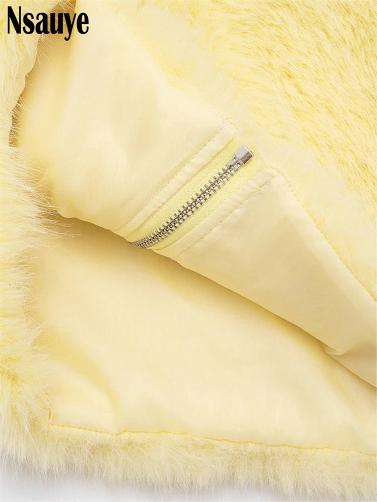Nsauye Fashion Faux Fur Women Sleeveless Hooded Jackets 2025 Autumn Winter Warm Cardigan Tops Streetwear Slim Outerwear Coat