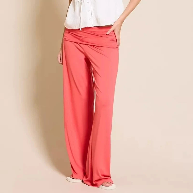 Women Casual Fold‑Over Waist Flare Pants Solid Stretchy Wide Leg Bell Trousers Daily Wear Lounge Y2K Loose Fit Sweat Pants
