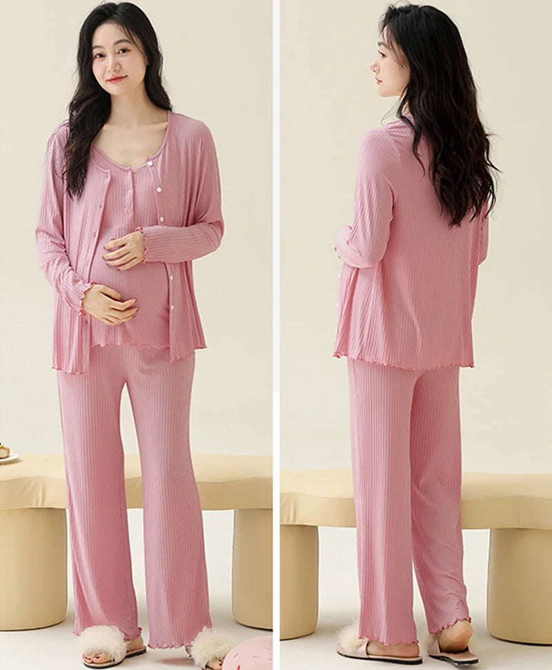 Pregnancy Comfort Pajamas Set Solid Color Long-sleeved Pants and Halter Vest Three-piece Maternity Nursing Homewear Sleepwear