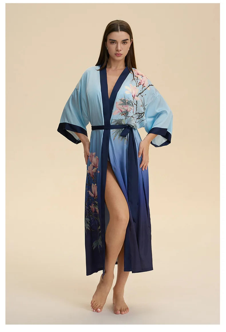 Plus Size Print Flower Long Robe Kimono Gown New Female Sleepwear Bathrobe Home Dress Loose Silky Satin Night Clothes Loungewear