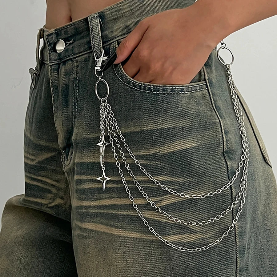 Salircon Punk Multilayer Metal Star Pendant Pant Chain Hip Hop Waist keychain Jeans Chain Women Trendy Jewelry Accessories Gifts