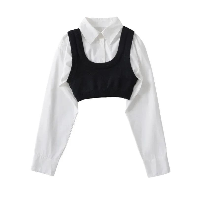 HLJ&GG Autumn Knit Vest Shirts Two Piece Sets Women Lapel Button Long Sleeve Top And Mini Skirts Outfits Fashion Retro 2pcs Suit
