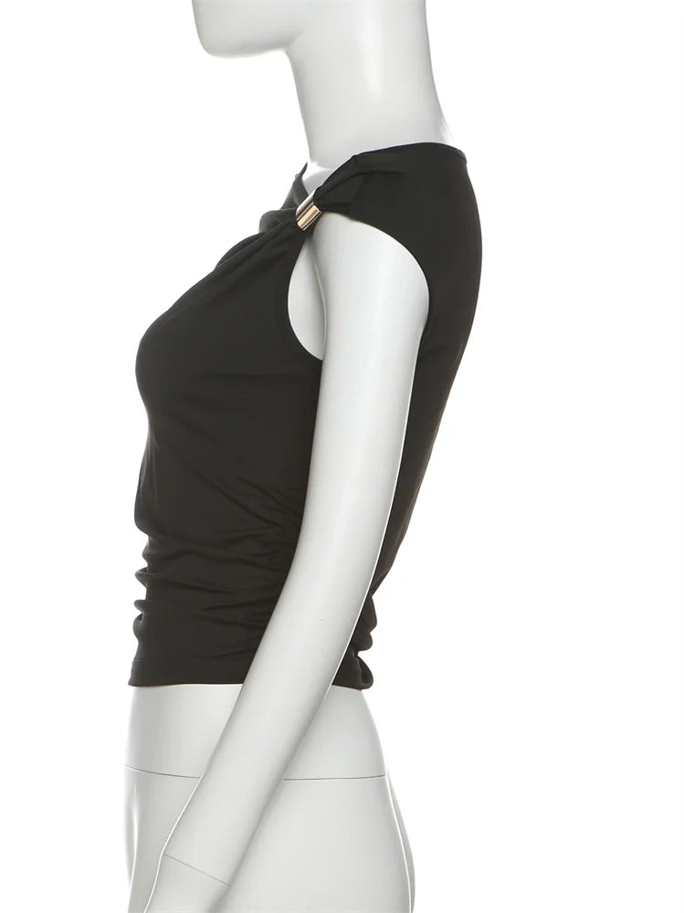 Weird Puss Irregular Off Shoulder T-Shirts Women Ruched Fashion Skew Collar Single Sleeve Daily Casual Solid Simple Streetwear