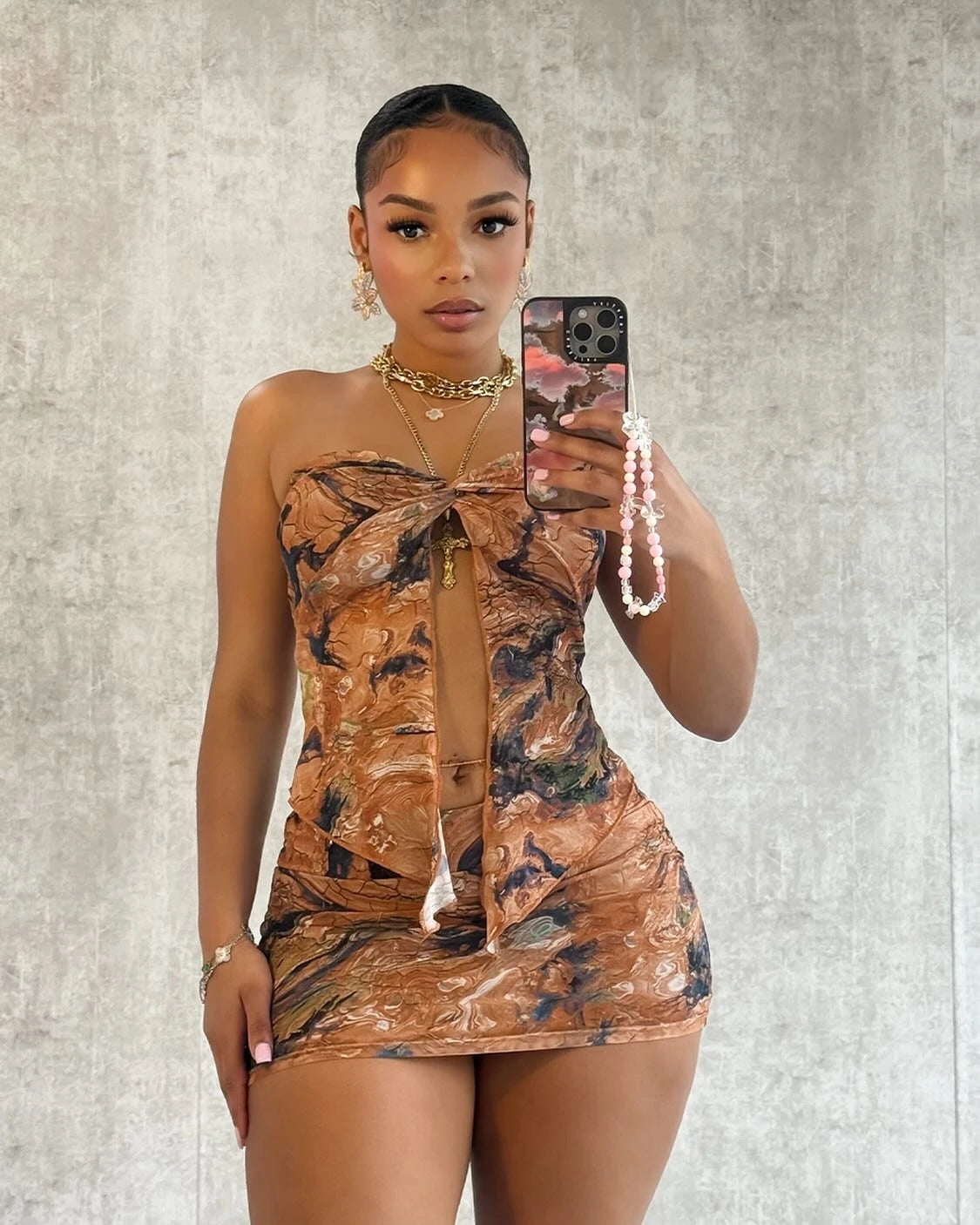 Women's floral pleated sexy tight fitting slit strapless short skirt set