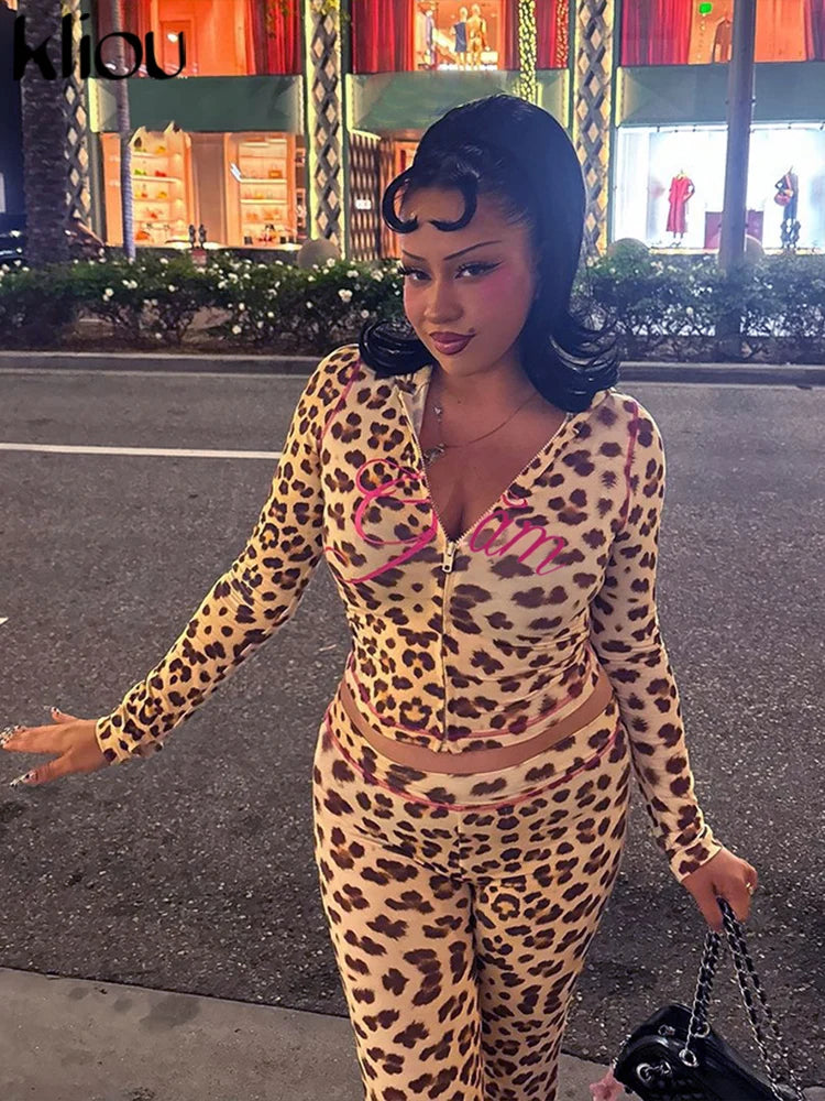 kliou Popular Leopard Women 2 Piece Set Trend Letter Print Hooded Long Sleeve Zip-up Tops+Matching Pants Female Trend Streetwear