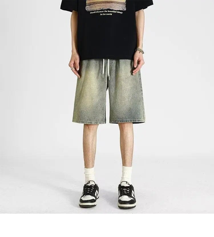 denim shorts, men's 2025 summer thin style retro loose American fashion brand casual five inch mid length pants