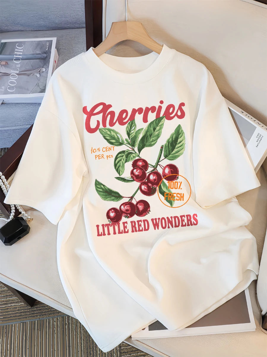 Cherries 100% Fresh Little Red Wonders Design Women T-Shirt Casual Loose T Shirts Hip Hop Cotton Sportswear Summer Soft Top