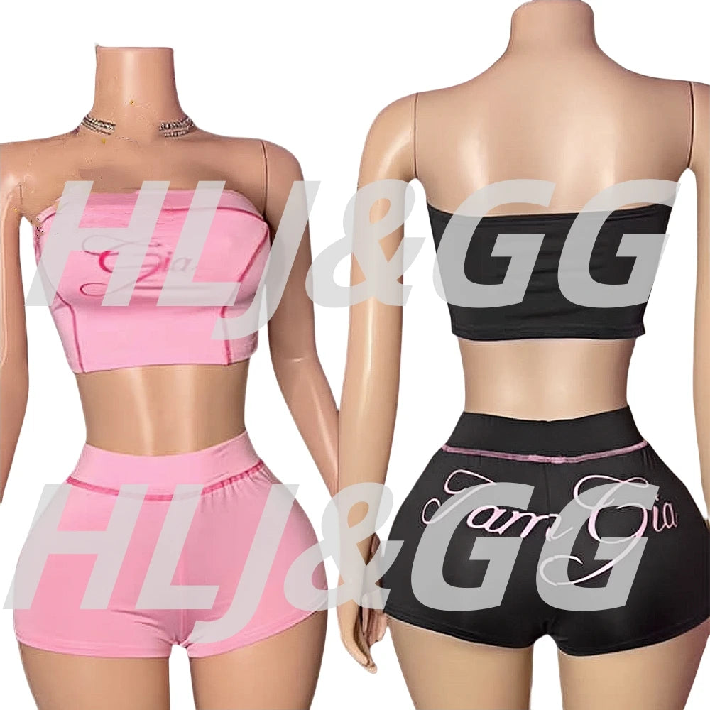HLJ&GG Y2K Sexy Letter Print Two Piece Sets Women Off Shoulder Backless Slim Crop Top And Shorts Outfits Fashion 2pcs Streetwear