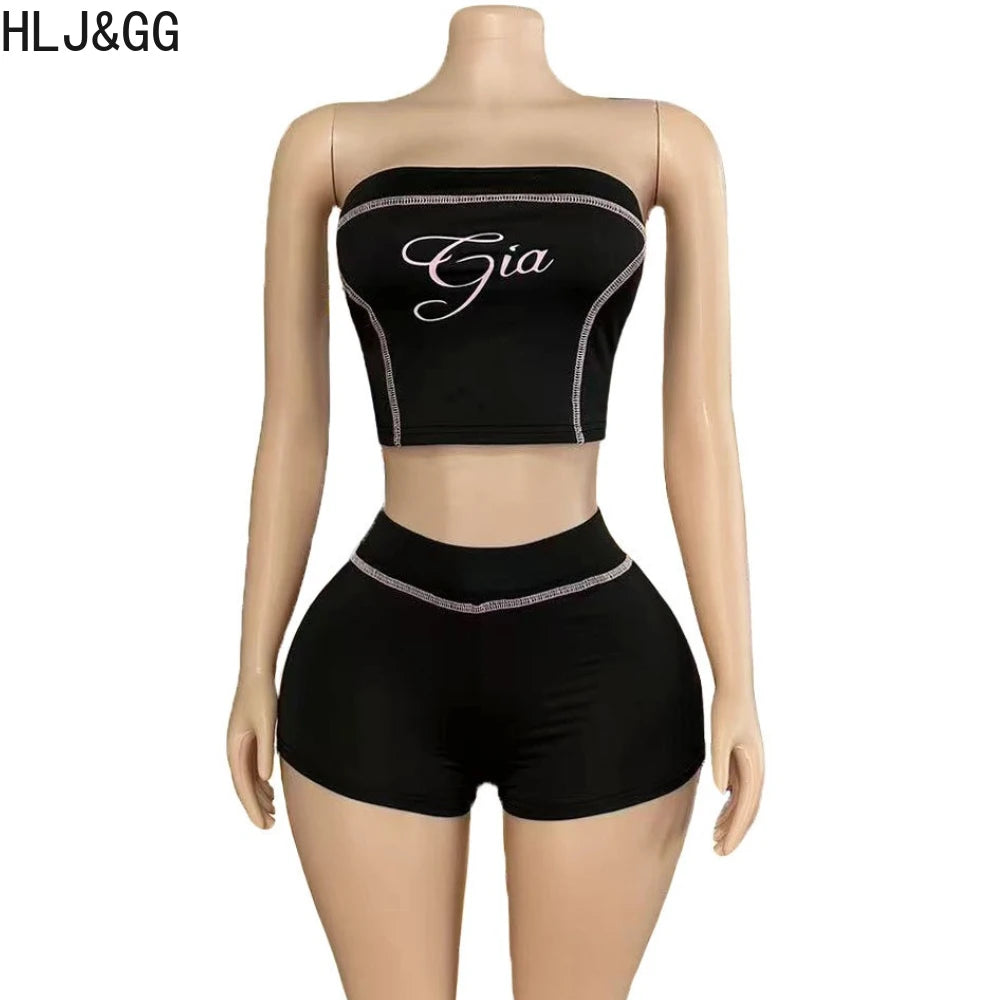 HLJ&GG Y2K Sexy Letter Print Two Piece Sets Women Off Shoulder Backless Slim Crop Top And Shorts Outfits Fashion 2pcs Streetwear
