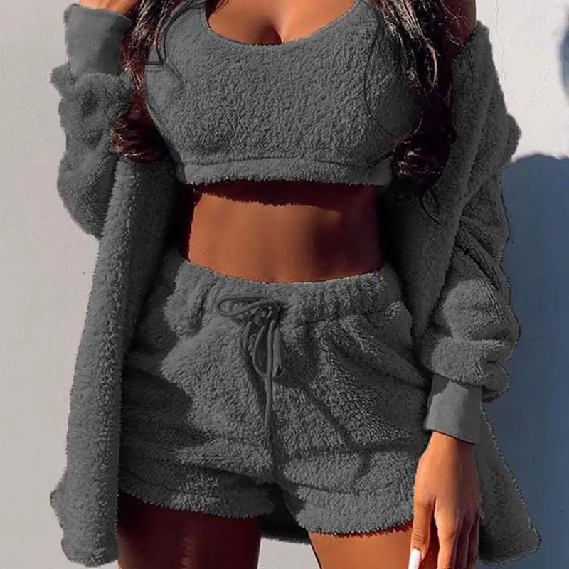 Fluffy Pajamas Set for Women Casual Sleepwear Tank Top and Shorts Plus Size Hoodie Leisure Homsuit Winter Teddy 3 Pieces Pijamas