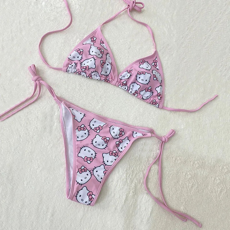 Sanrio Hello Kitty Kawaii Bikinis Set Cute Cartoon Anime Summer Beach Soft Side Strappy Panties Kawaii Swimsuit Sexy Bikini Y2k