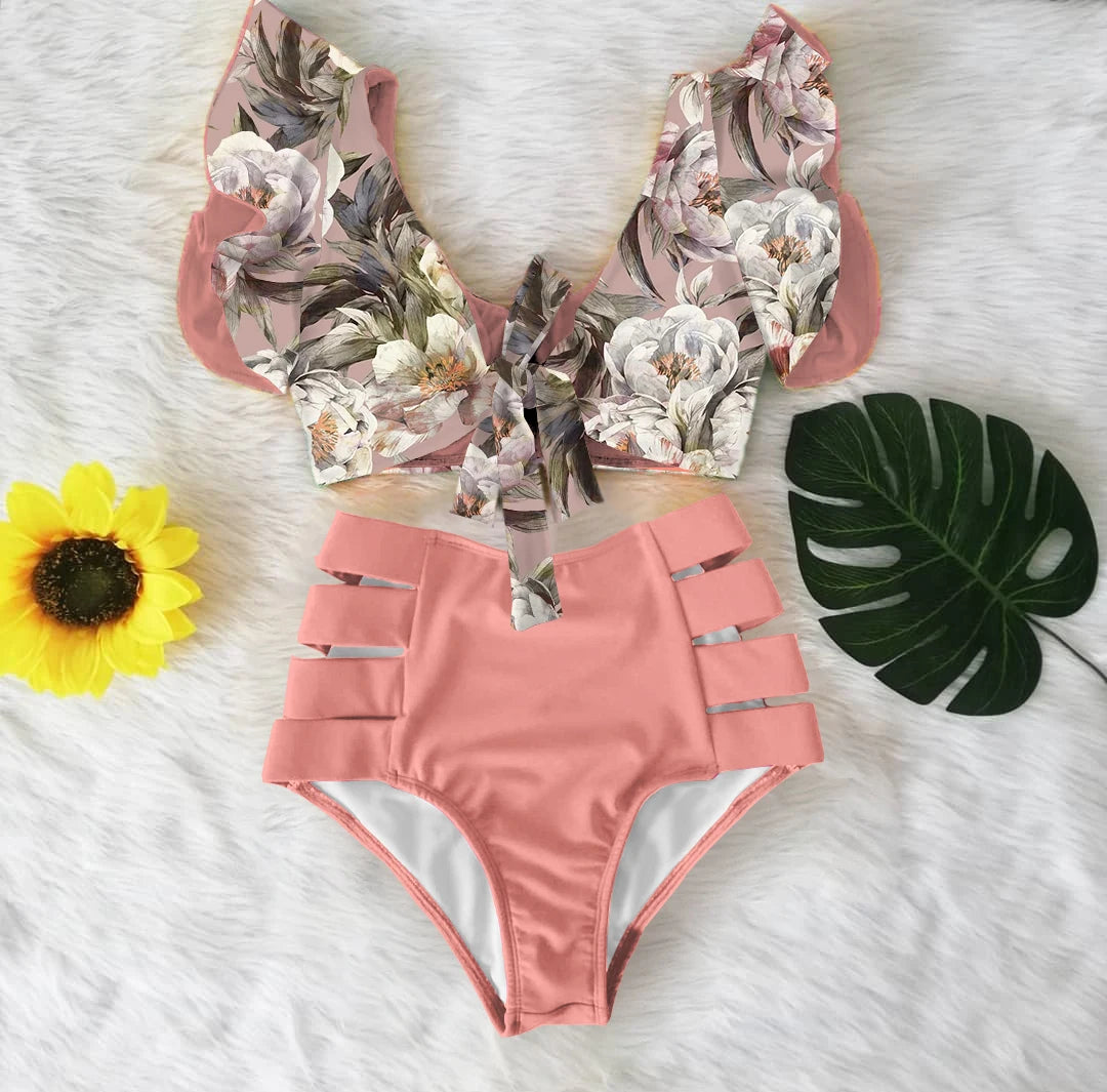 2026 High Waist Bandage Bikini Set For Women Floral Printed Ruffle Bikinis Push Up Strappy Brazilian Biquini Swimwear Swimsuit