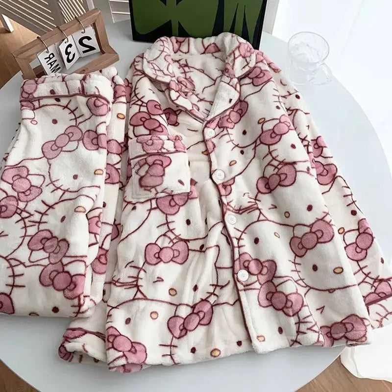 Sanrio Hello Kitty Women's Pajamas Sets Cuteore Cartoon Winter Warm Sleepwear Long Sleeve Pants Nightwear Flannel Home Clothes