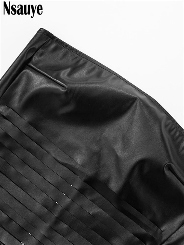 Nsauye Strapless Women Basic Casual Streetwear Night Club Fashion Summer Crop Tops PU Leather Mini Skinny Hollow Out Tank Tops