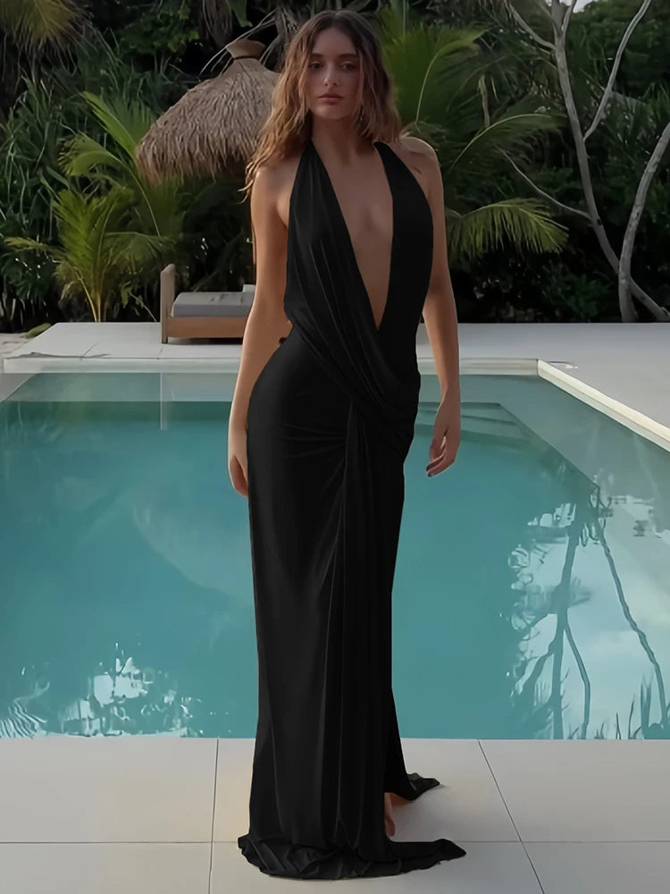 Halter Deep V Backless High Slit Maxi Dress — Women's Elegant