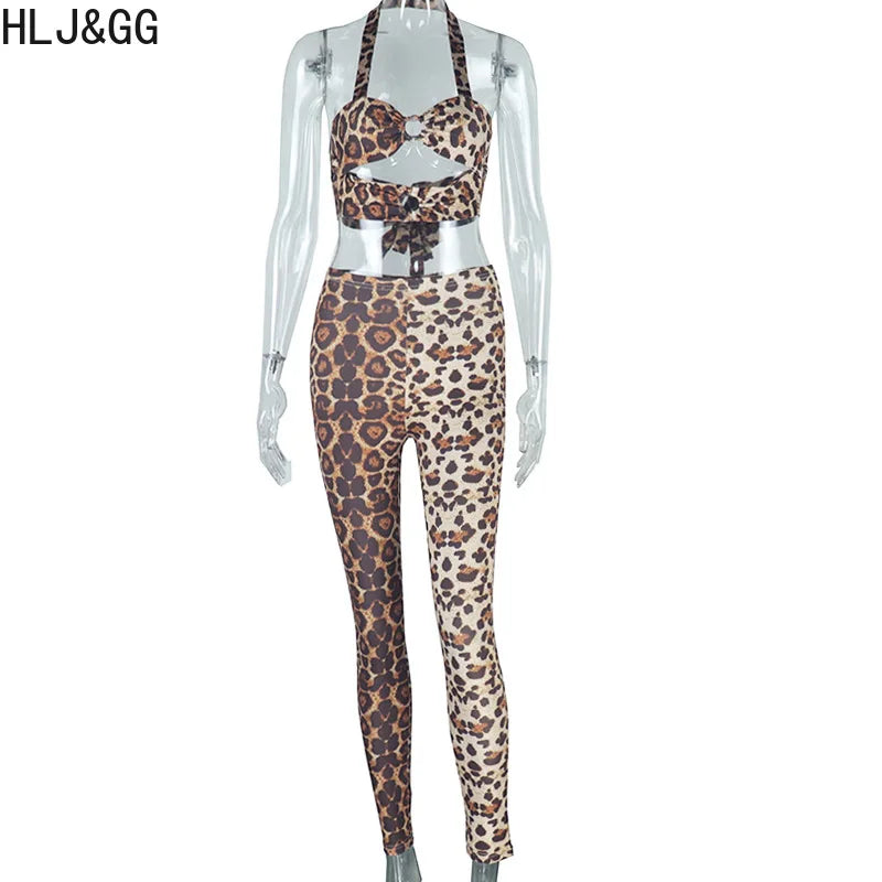 HLJ&GG Sexy Hollow Out Leopard Printing Two Piece Sets Women Halter Bandage Crop Top And Skinny Pants Outfits Fashion Streetwear