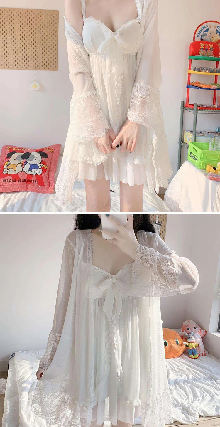 Summer Sexy Pajamas with Breast Pads Female Lace Pajamas Robe Gown Set Sexy Sleepwear White Lace Night Gown  Lingerie for Women