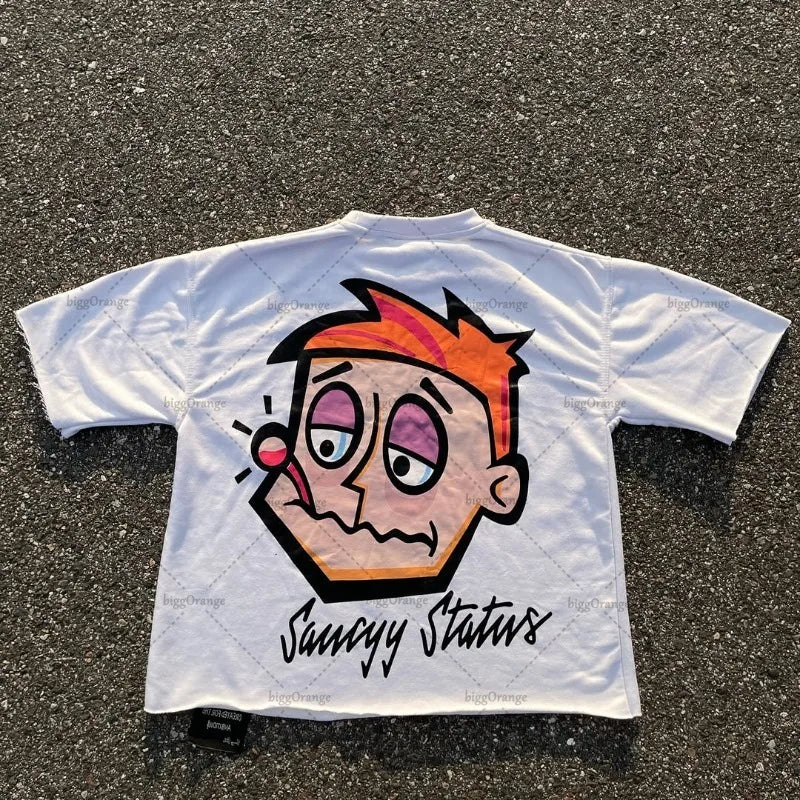 New Hip-hop Trendy Cartoon Loose Oversized T-shirt Men Y2K Harajuku Retro Graphic Top High Street Casual Streetwear Pure Cotton