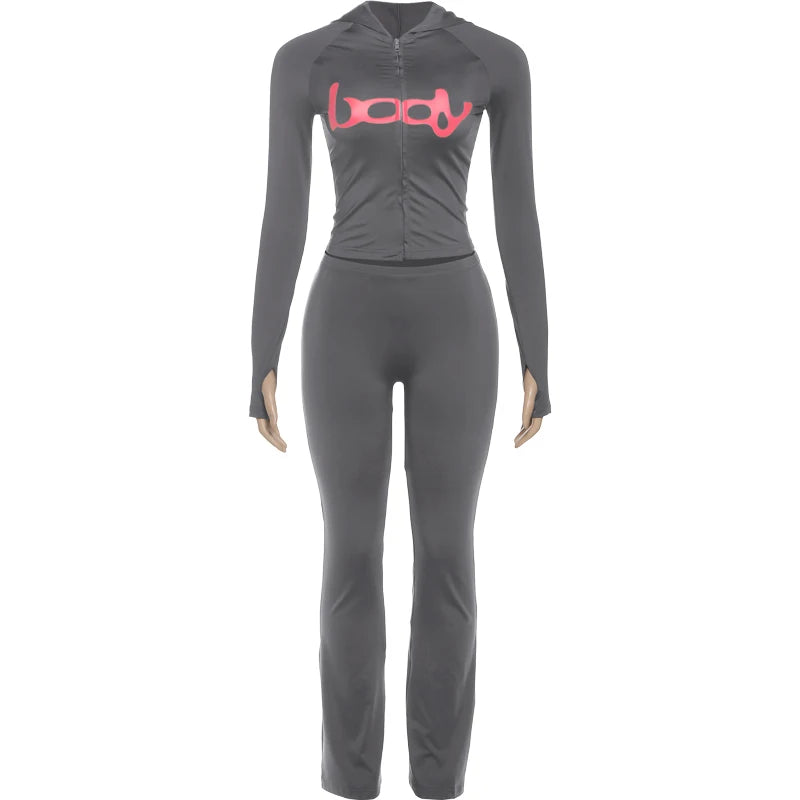 Weird Puss Letter Print 2 Piece Set Women Tracksuit Hooded Jacket+Leggings Matching Stretch Streetwear Casual Sporty Outfits