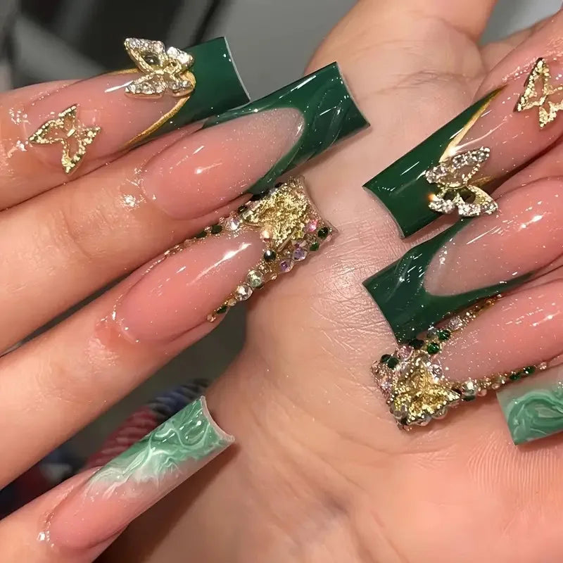 24Pcs Long Square Press on Nails Leopard Print French 3D Cherry Design False Nail Rhinestone Wearable Full Cover Fake Nails Tips