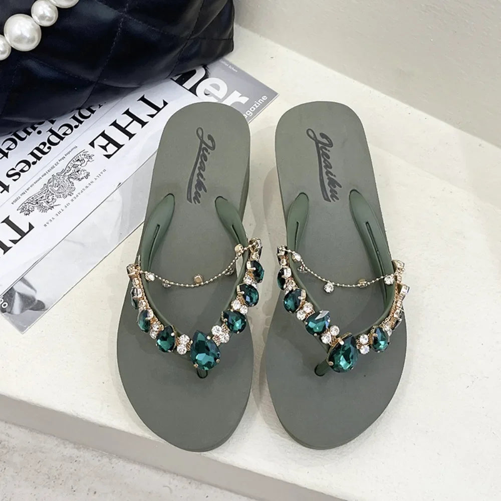 Women Slippers Fashion 2026 Summer New Water Diamond Flip Flops Women Outwear Thick Sole Slope Heels Beach Vacation Slippers