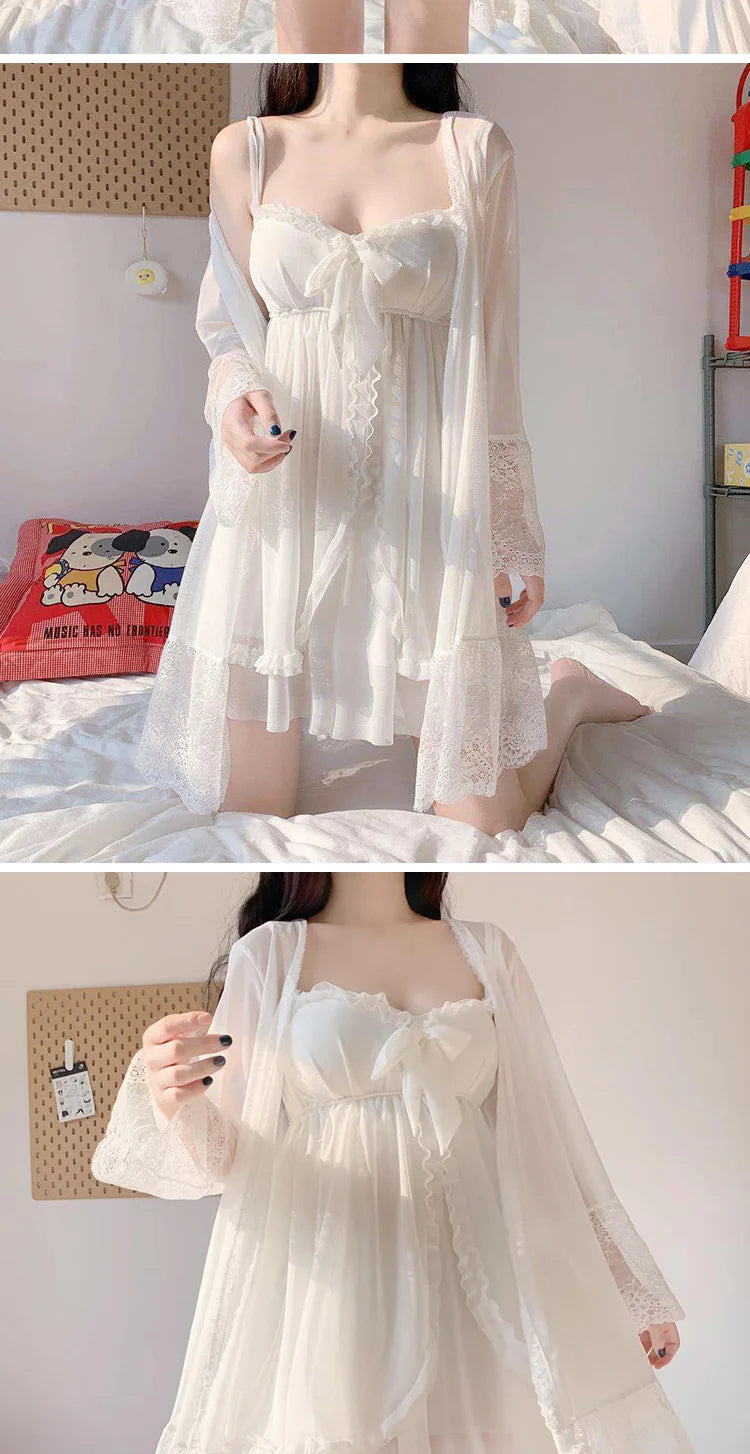 Summer Sexy Pajamas with Breast Pads Female Lace Pajamas Robe Gown Set Sexy Sleepwear White Lace Night Gown  Lingerie for Women