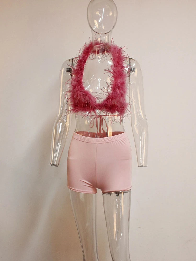 Weird Puss Sexy Hipster 2 Piece Set Women Y2K Summer Luxury Furs Tank Tops+Tight Stretch Shorts Midnight Clubwear Party Suits