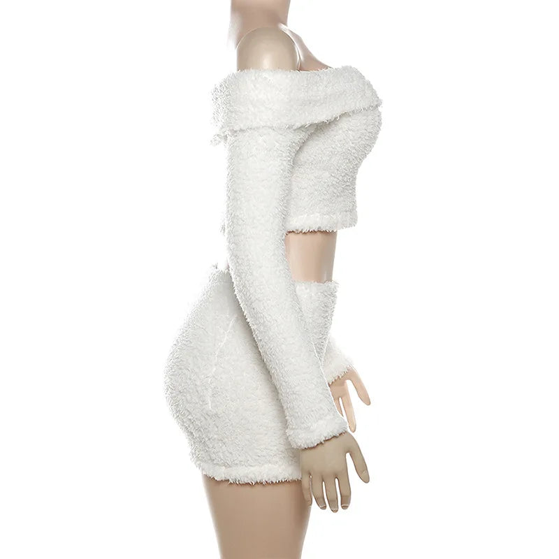 HLJ&GG Fashion Off Shoulder Fur Mini Skirts Two Piece Sets Women Long Sleeve Backless Slim Crop Top And Skirts Outfit Streetwear
