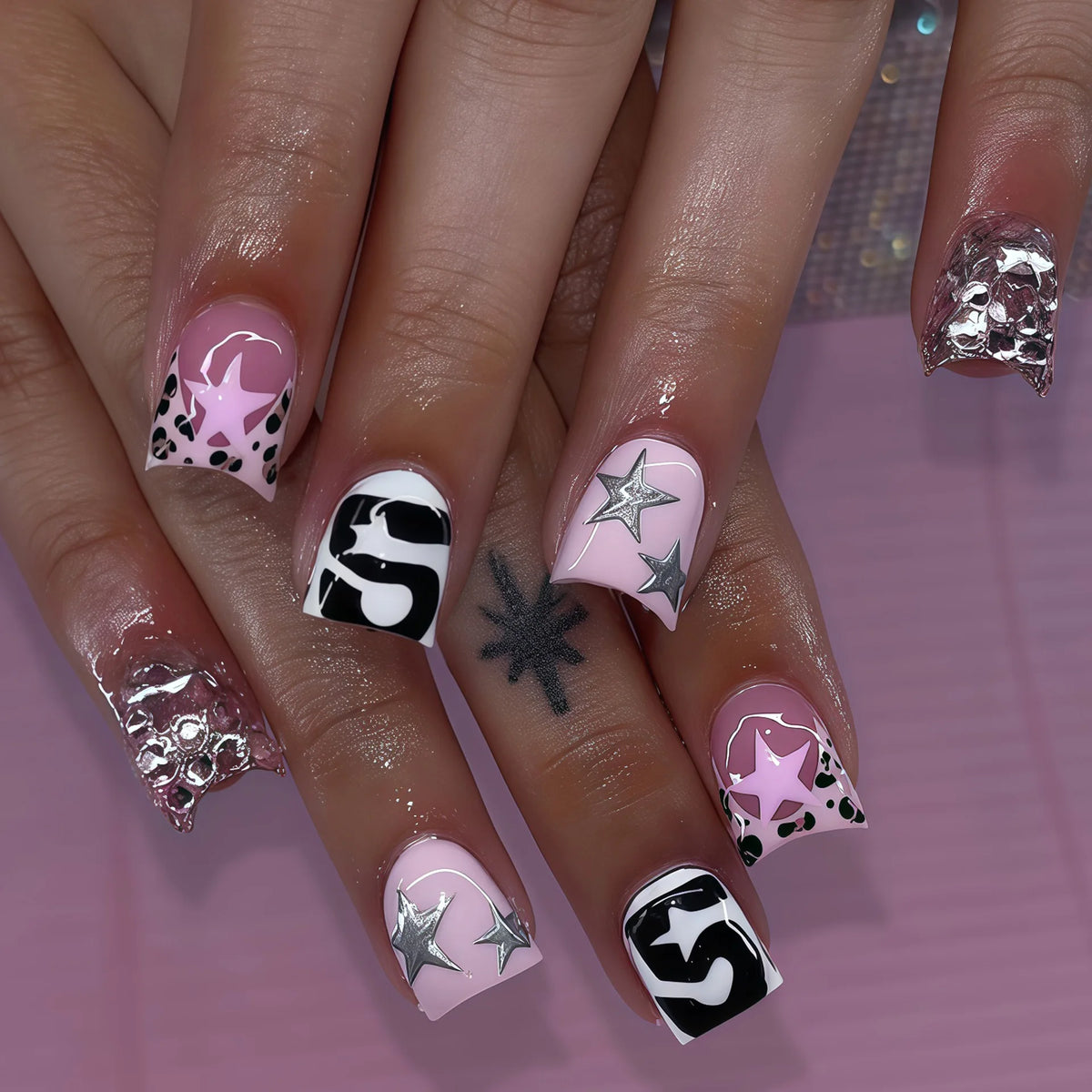 24pcs Short Square Shaped False Nails Black White Zebra-printed Polka Dot French Style Press On Nails Sweet DIY Manicure Art