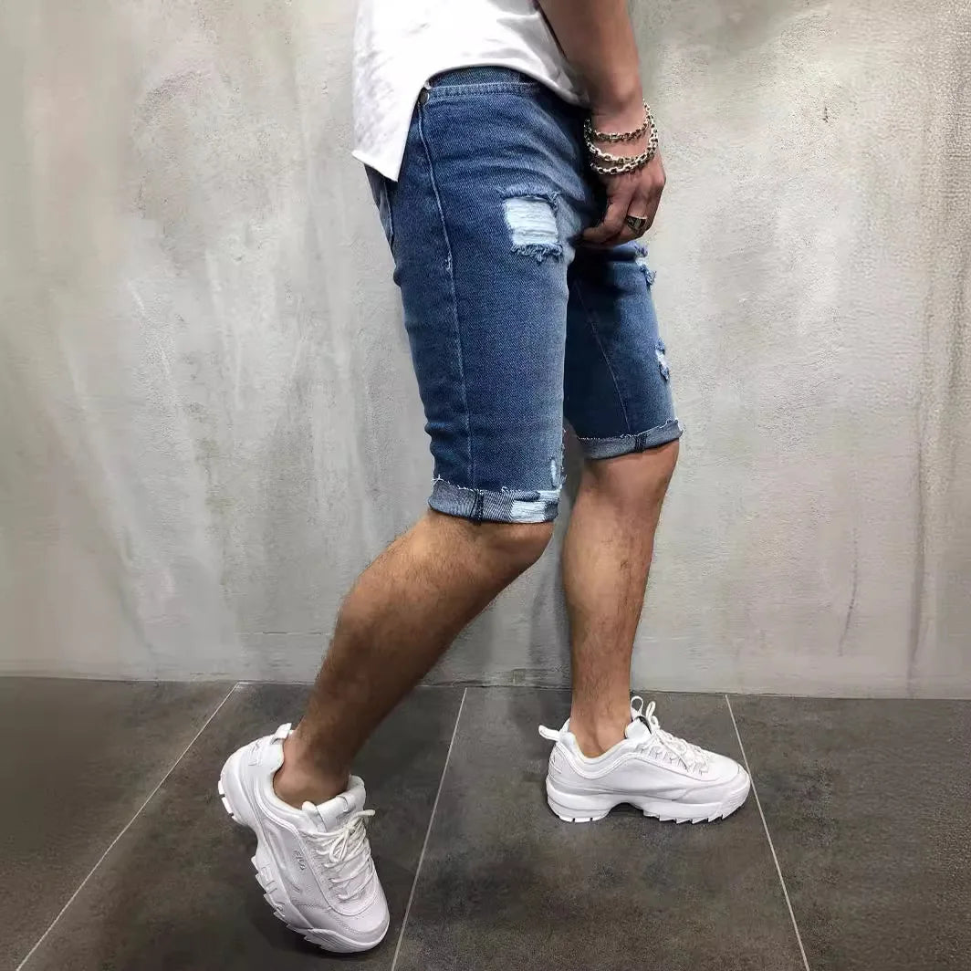 Summer Ripped Skinny Denim Shorts for Men with Distressed Ripped Cat Whiskers Hip Hop Streetwear Short Pants Men's Pants