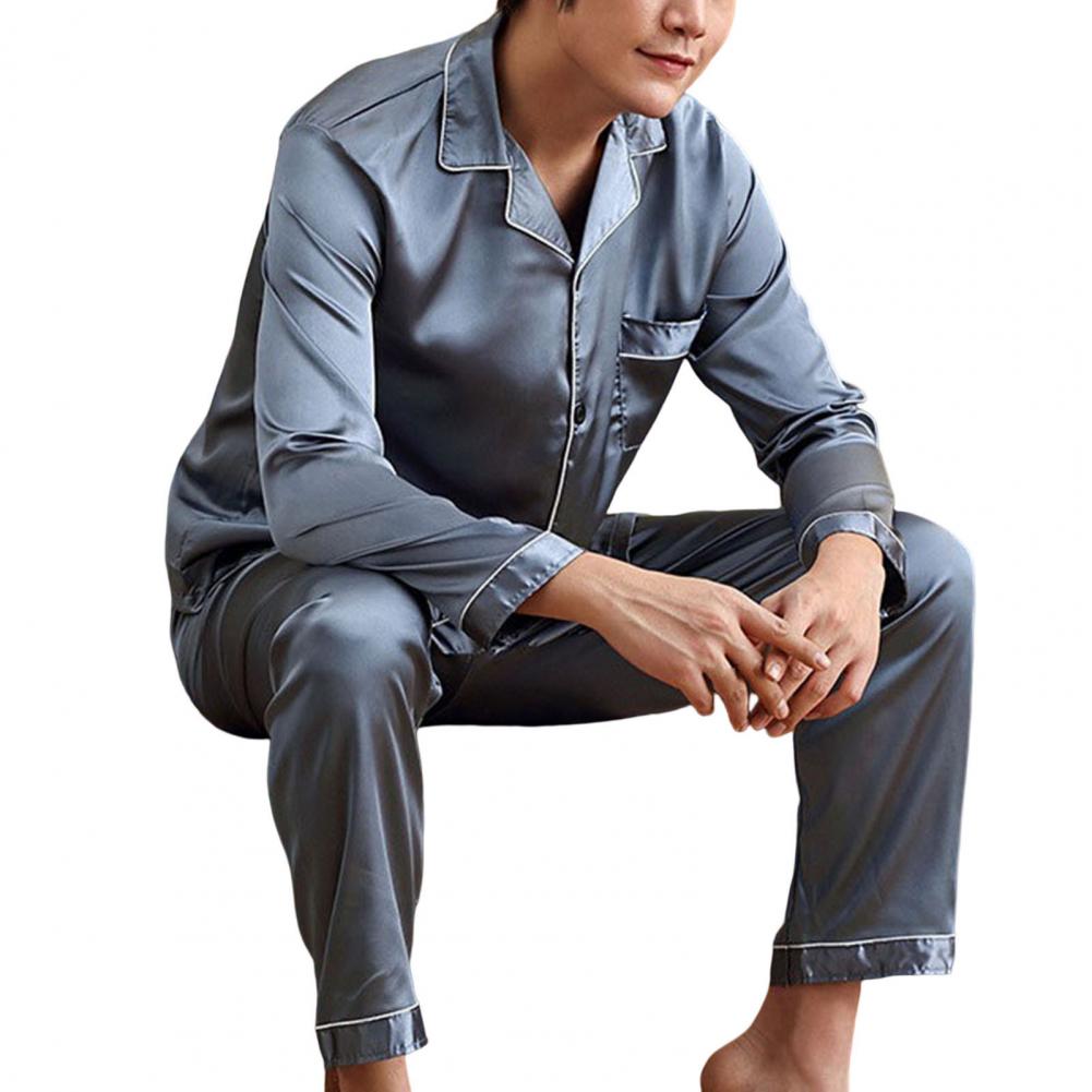 1 Set Men Sleepwear Solid Color Long Sleeved Single Breasted Home Wear Ice Silk Loose Plus Size Pajamas Set For Home