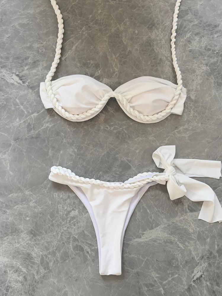 2025 New Sexy Low Waisted Push Up Micro Bikini Set Swimsuit Swimwear Women Strappy Solid Halter Beachwear Bathing Suit biquini