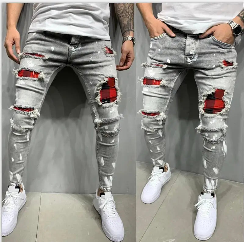 High Quality Fashion Men Painted Stretch Skinny Jeans Slim Fit Ripped Distressed Pleated Knee Patch Casual Men's Brand Clothing